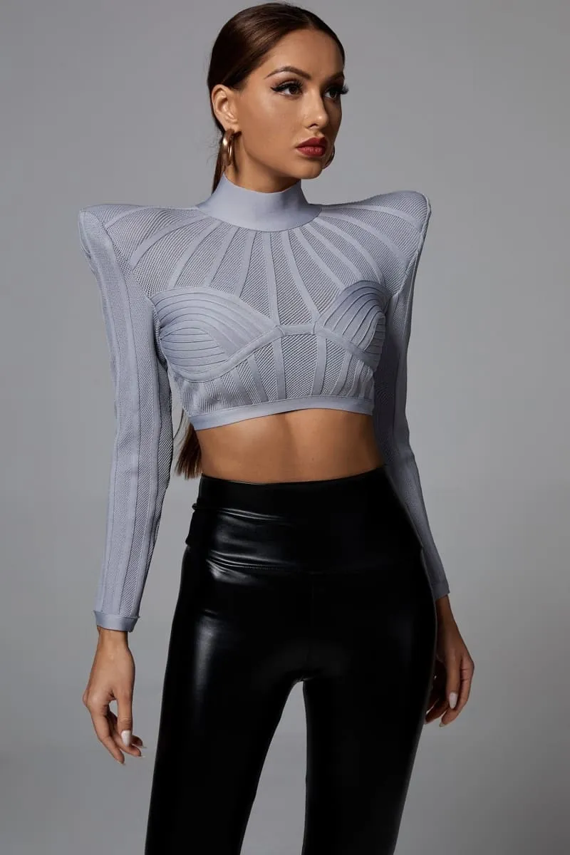 Grey Long Sleeve Padded Shoulder Crop Top