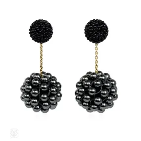 Hand beaded double ball earrings in black glass and crystal