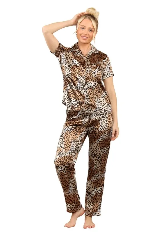 Leopard Satin Print Pajama Set – Stylish & Comfortable Animal Print Sleepwear for Women