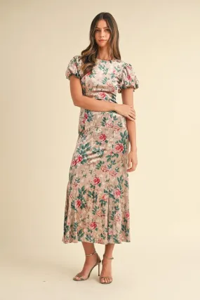 Lt Mocha Puff Sleeve Velvet Floral Mermaid Midi Dress