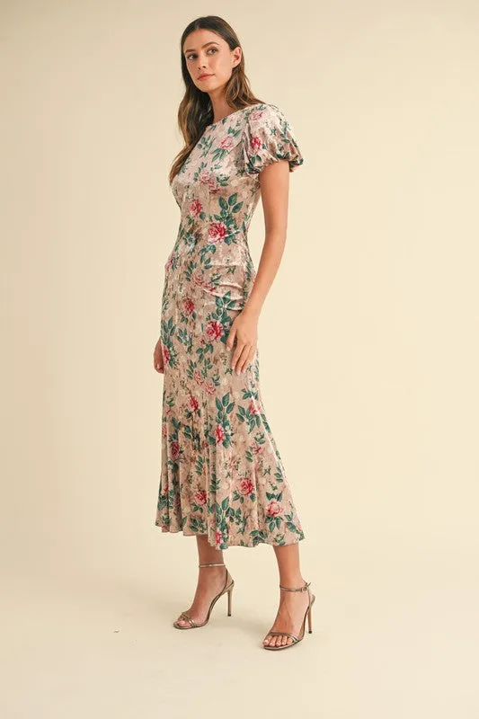 Lt Mocha Puff Sleeve Velvet Floral Mermaid Midi Dress