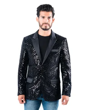 Mens Hexagon Pattern Sequin Prom Blazer Tuxedo in Black