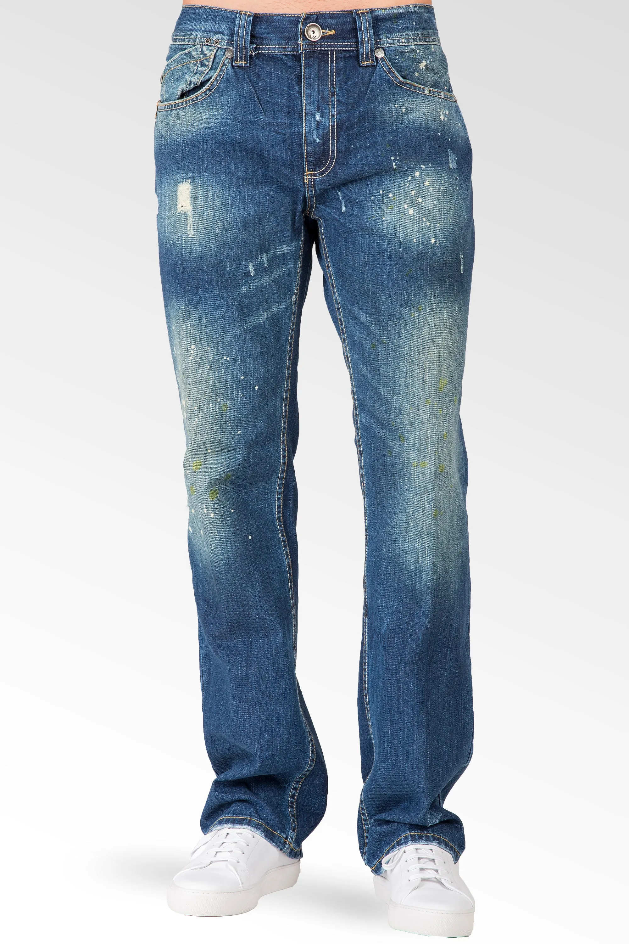 Men's Relaxed Straight Blue Distressed Premium Denim Signature Stone Wash Jeans