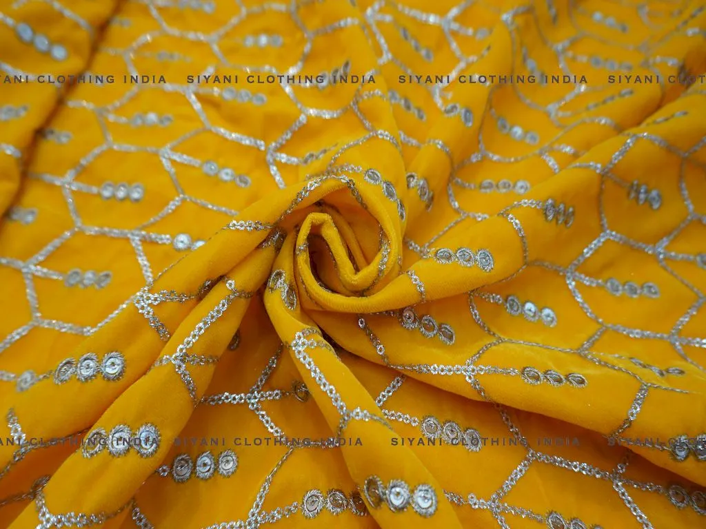 Mustard Abstract Design Sequins Embroidered Velvet Fabric