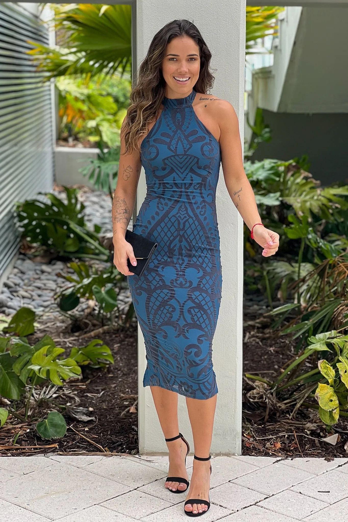 Navy And Black Velvet Halter Neck Midi Dress