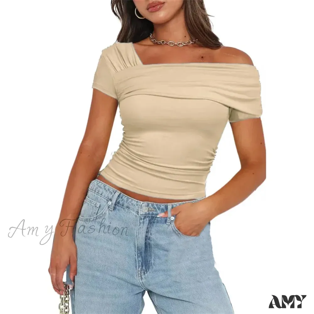 Oblique Shoulder Solid Color Sleeveless Cropped Aesthetic Streetwear Crop Top