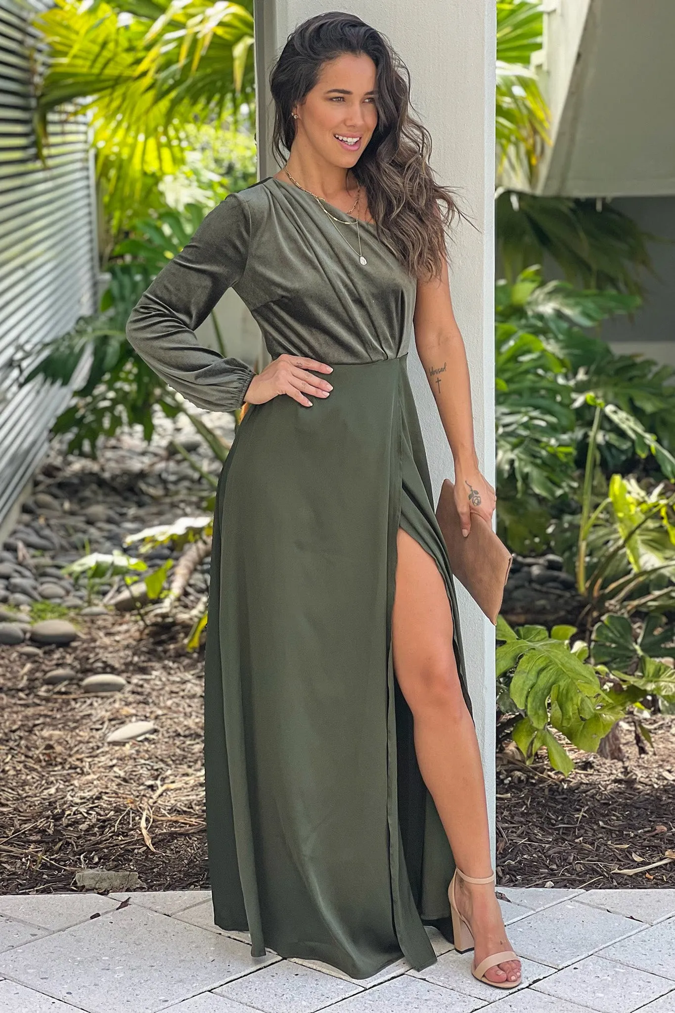 Olive One Shoulder Velvet Maxi Dress