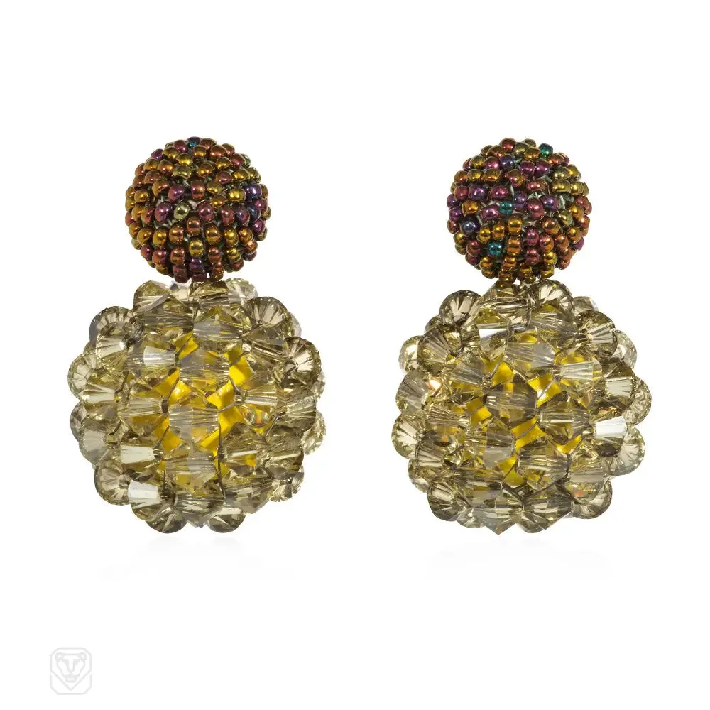 Orange-gold glass and jonquil crystal beaded ball earrings