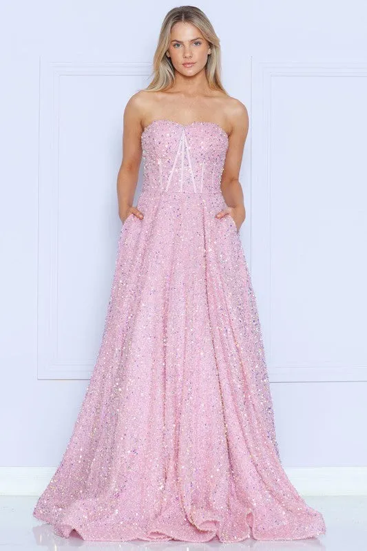 Pink A Line Sequin Over Velvet Gown