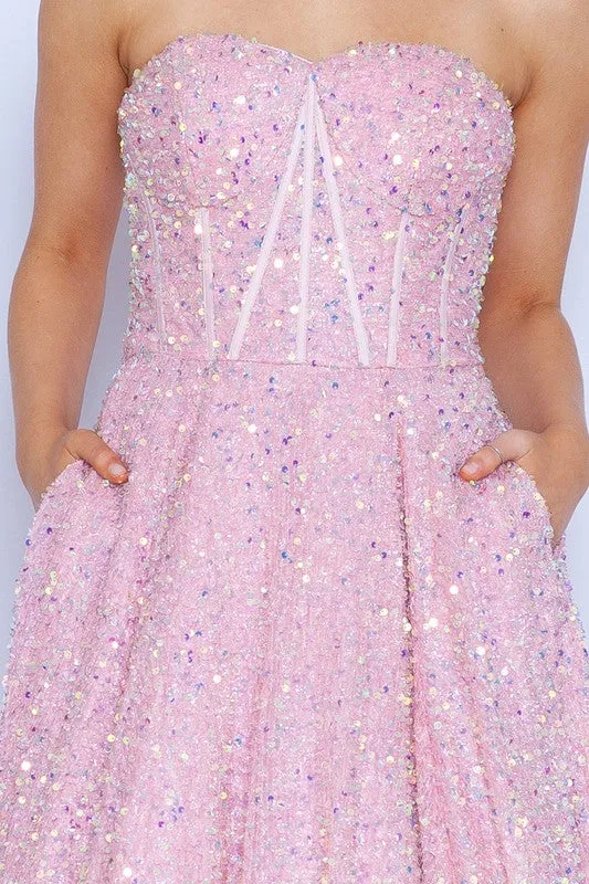 Pink A Line Sequin Over Velvet Gown