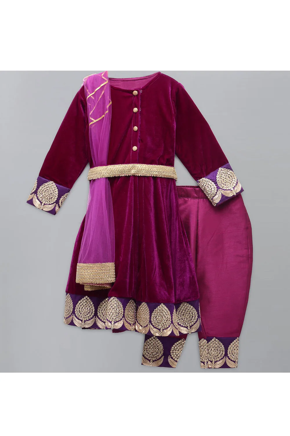 Purple Embroidered Velvet Anarkali Kurta With Pant Set