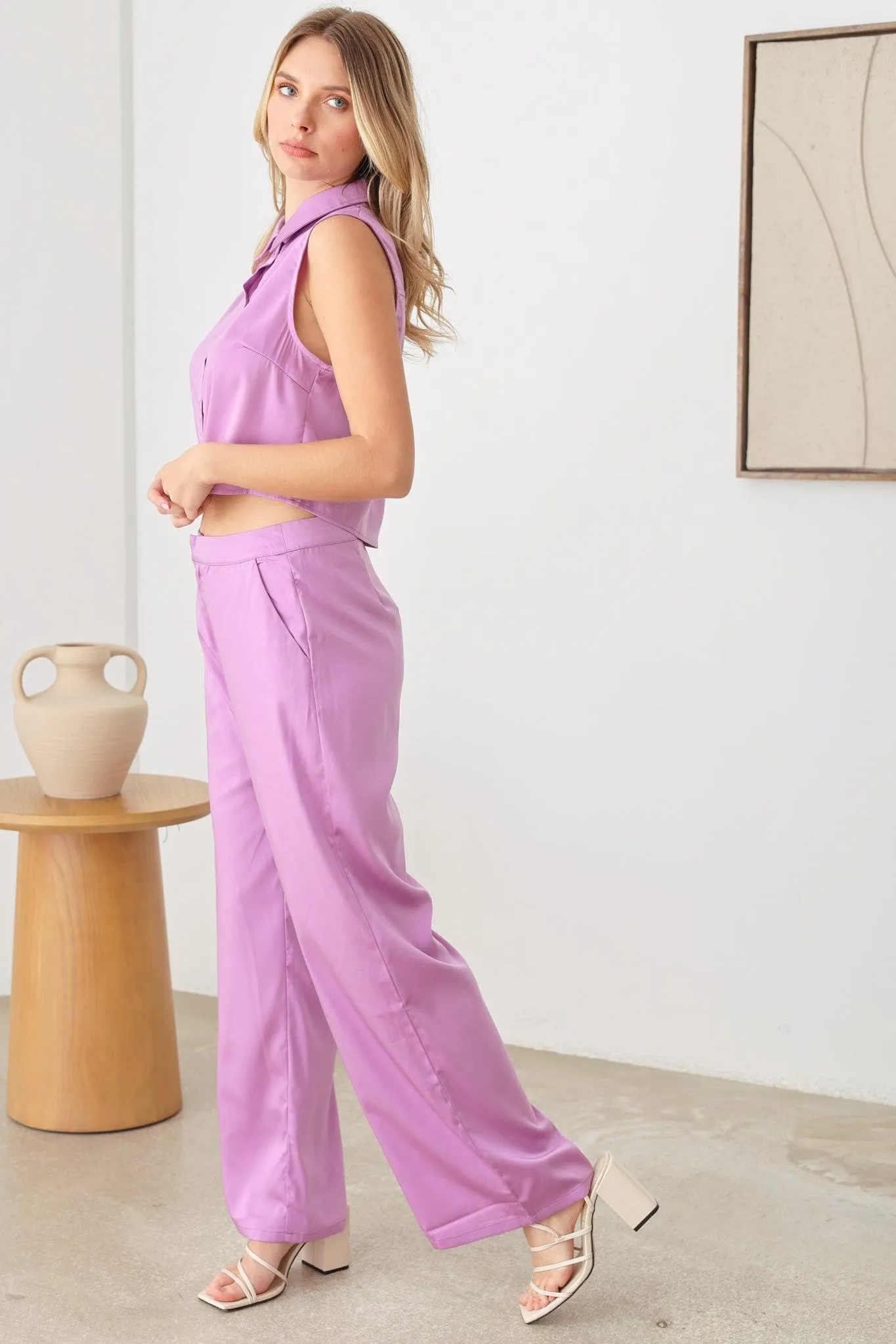 Satin Sleeveless Crop Shirt & Straight Leg Mid Waist Pants Set