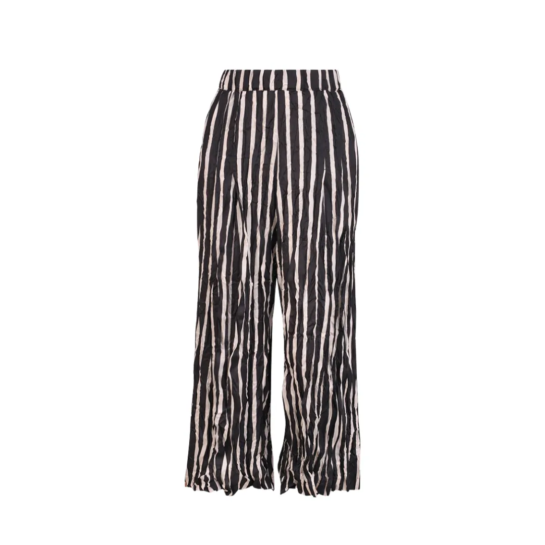 Striped Crinkle Crop Pants - Black