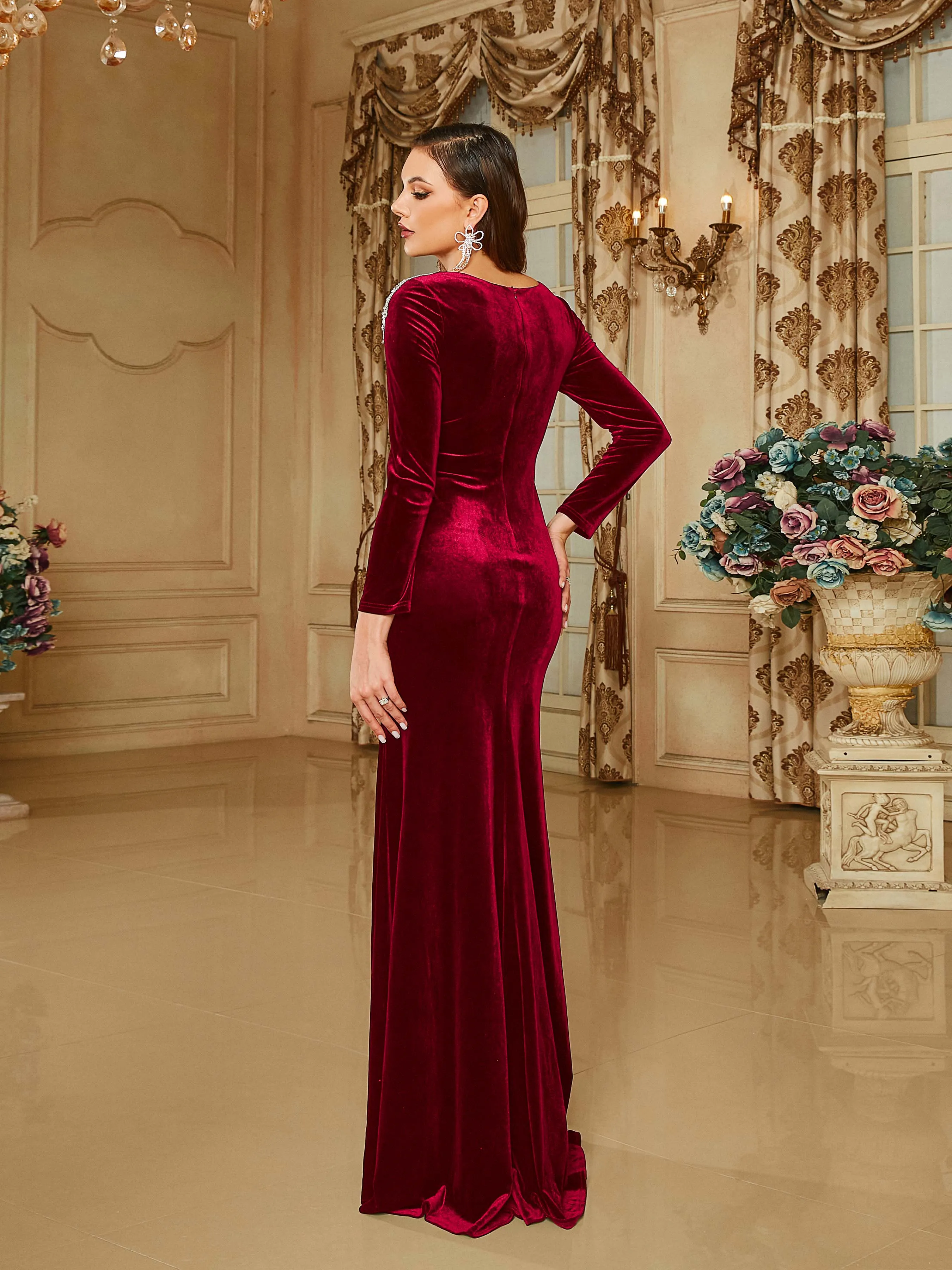 V-neck Velvet Split Black Long Sleeve Evening Dress RH30698