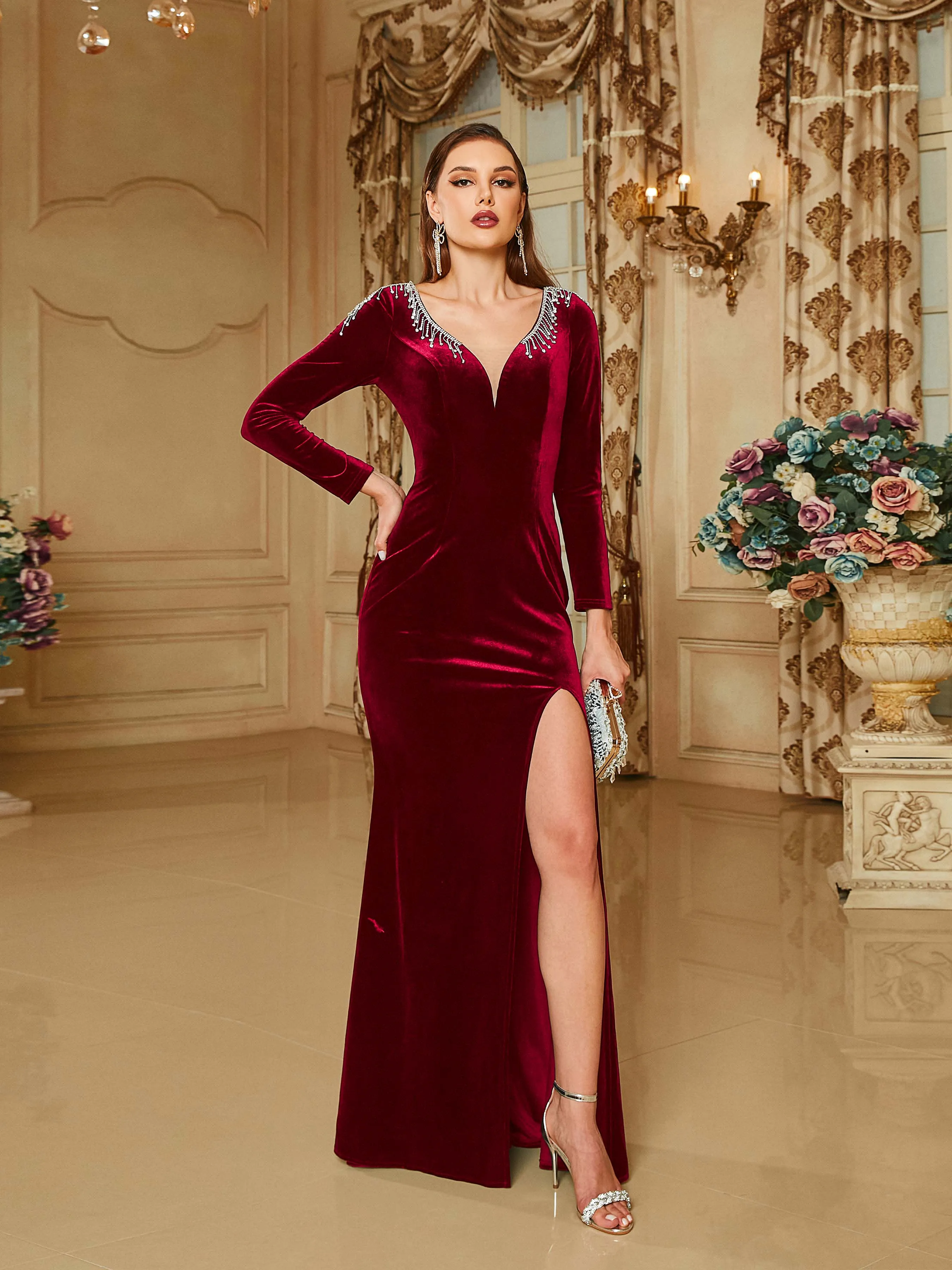 V-neck Velvet Split Black Long Sleeve Evening Dress RH30698