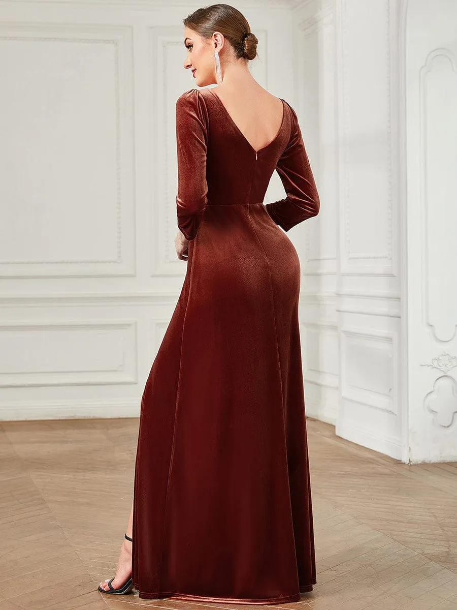 Velvet 3/4 Length Sleeve Illusion V-Neck Front Slit Evening Dress