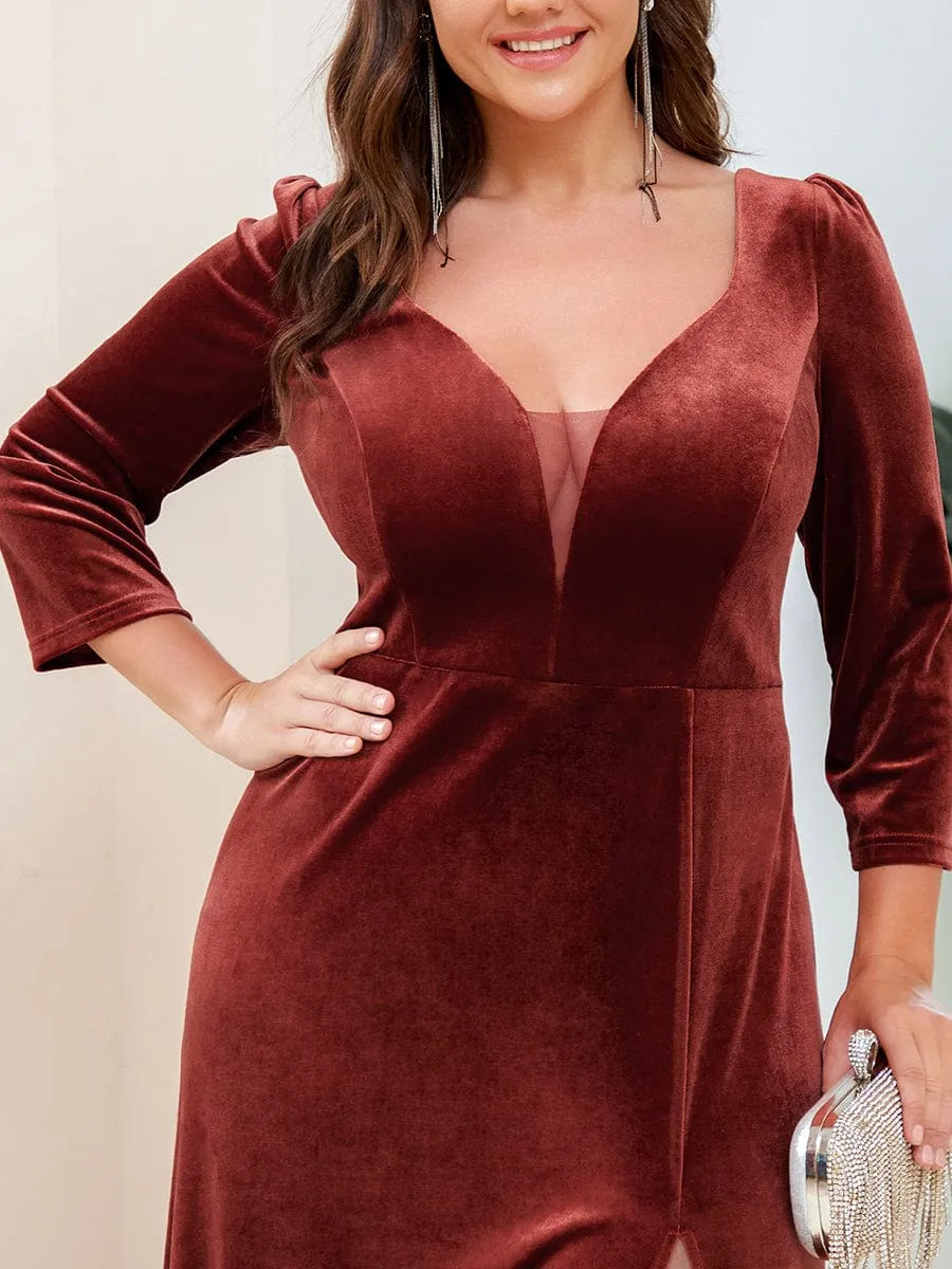 Velvet 3/4 Length Sleeve Illusion V-Neck Front Slit Evening Dress