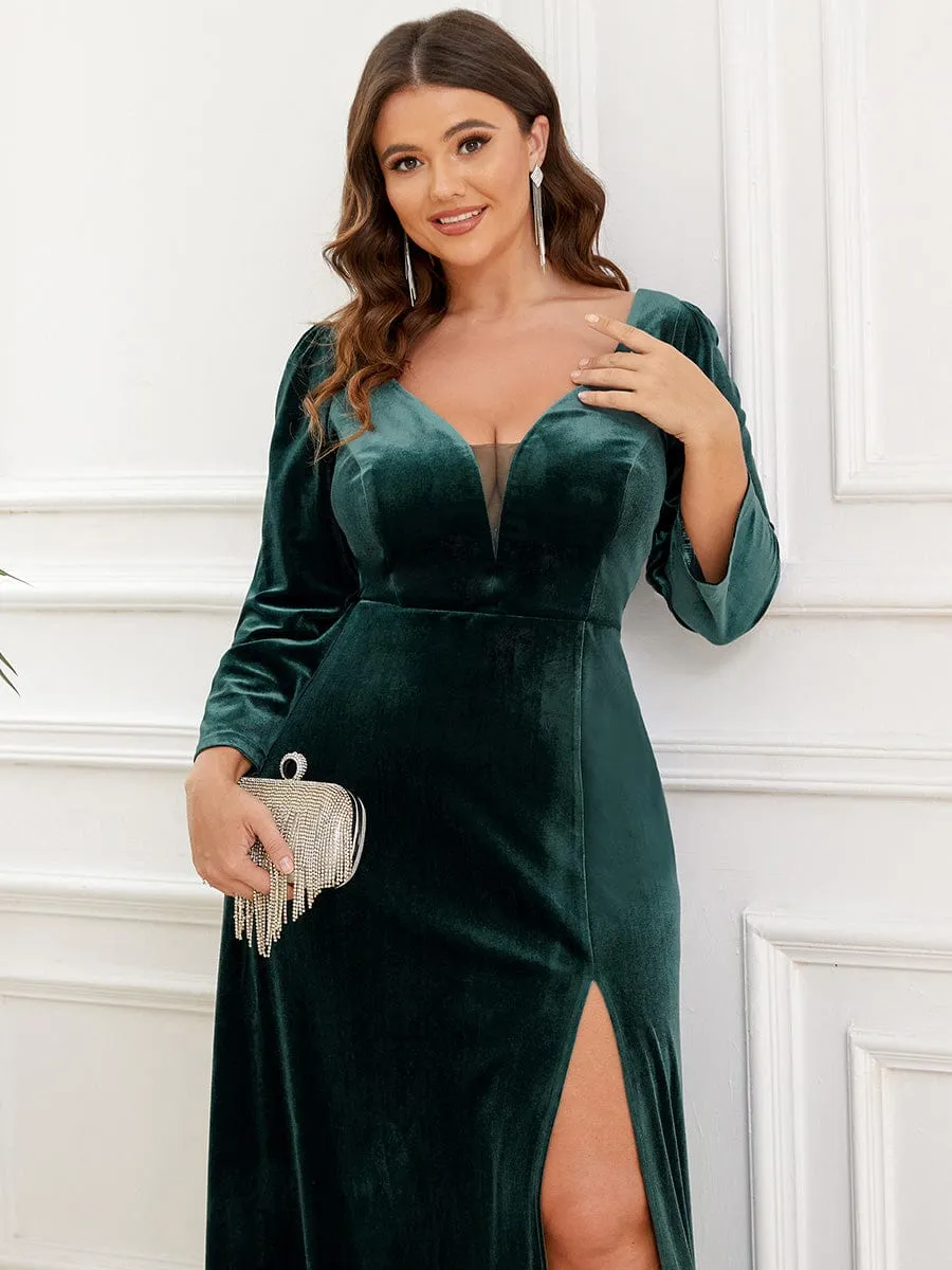 Velvet 3/4 Length Sleeve Illusion V-Neck Front Slit Evening Dress