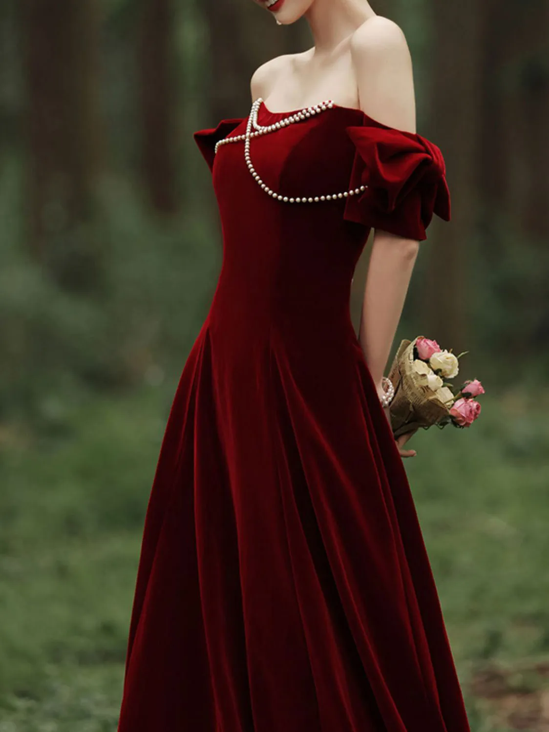 Velvet A Line Burgundy Long Prom Dress, Burgundy Formal Evening Dresses