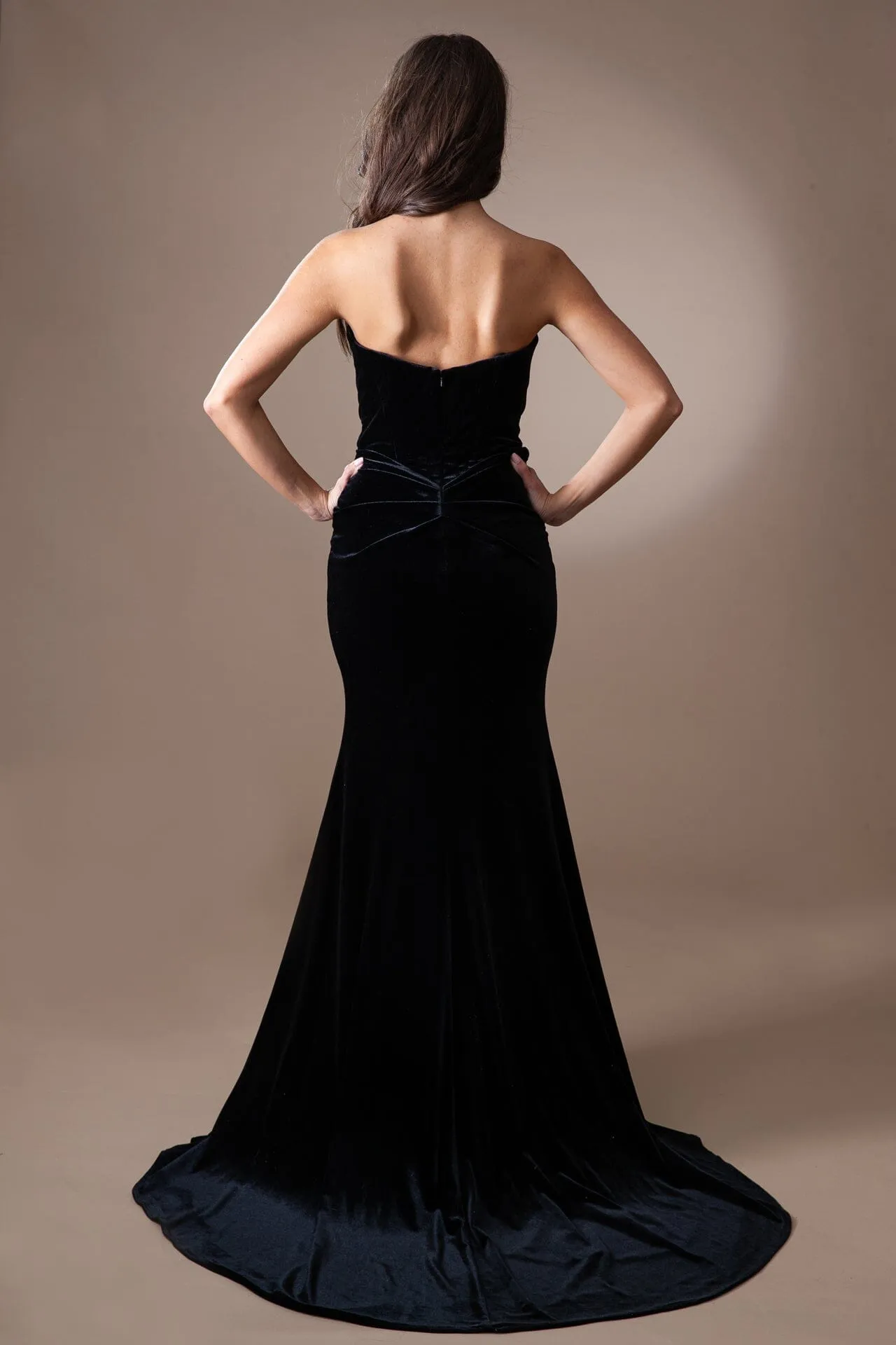 Velvet Fitted Strapless Slit Gown by Amelia Couture BZ9029V