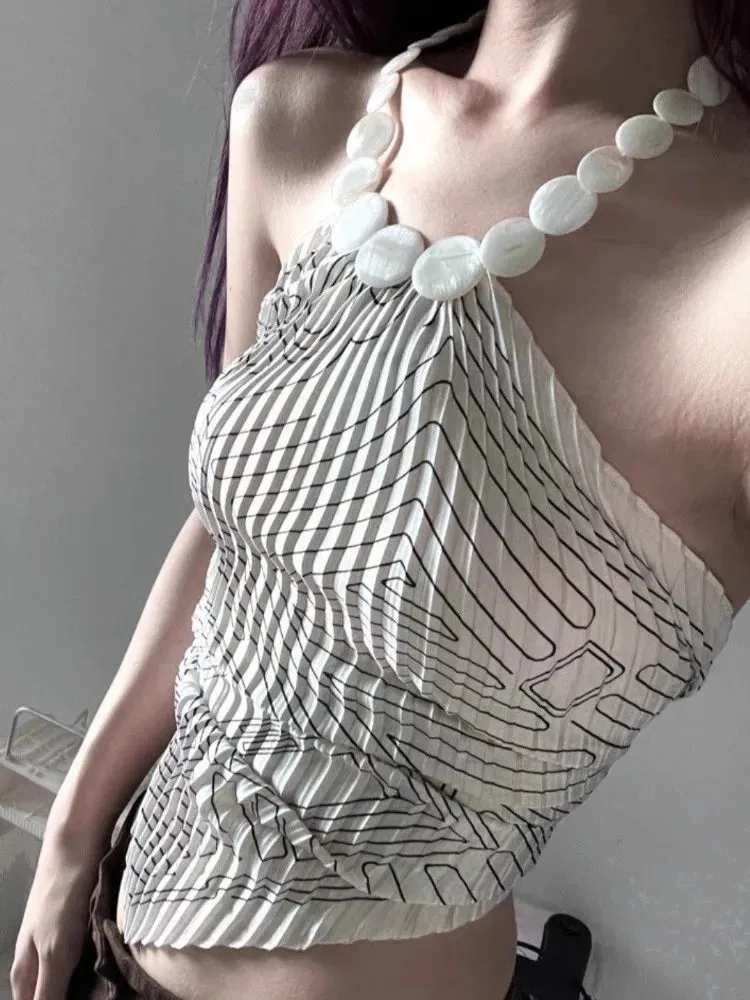 Vevesc Vintage Print Beaded Halter Camisole Vest for Women Summer New Bottoming Tank Top Y2k Slim Fit Sleeveless Tops Mujer