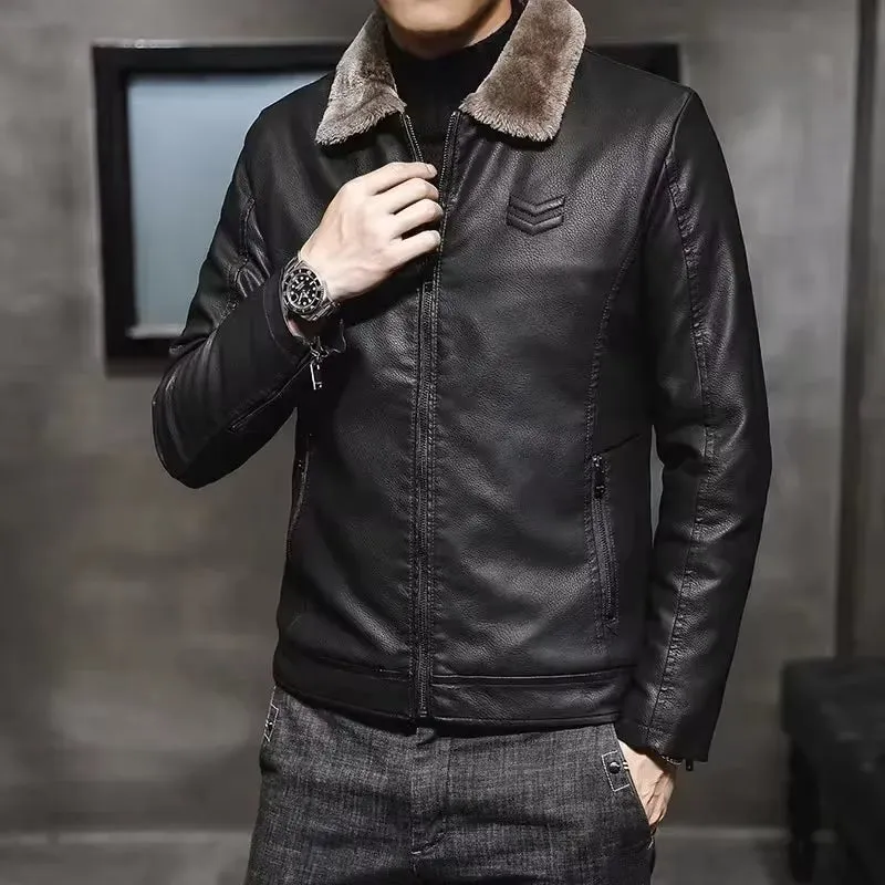 Vintage Brown Leather Jacket Men'S Winter Faux Fur Collar Windproof Warm Coat Male Luxury Clothing Brand Chaqueta Cuero Hombre