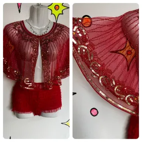 Vintage | Red Gold Sequin Beaded Embellished Costume Party Cape Shrug Bolero