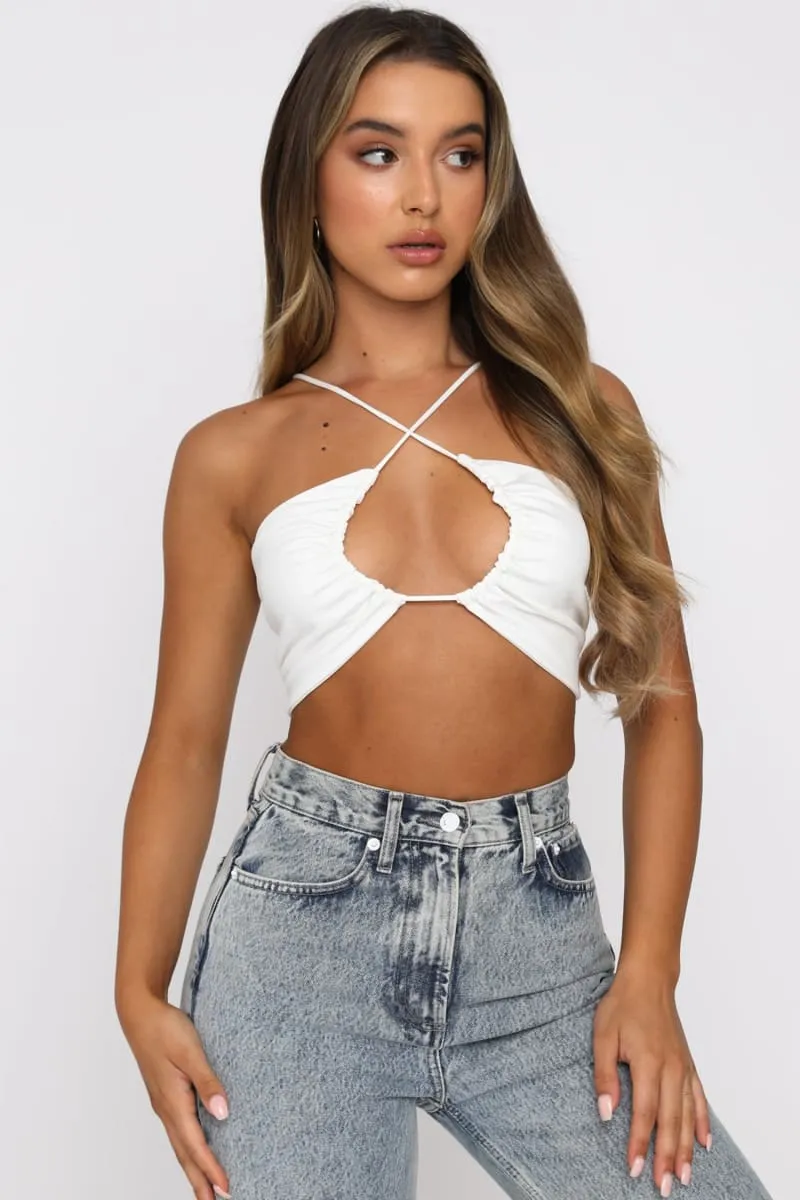 White Halter Cross Over Neck Cut Out Ruched Crop Top