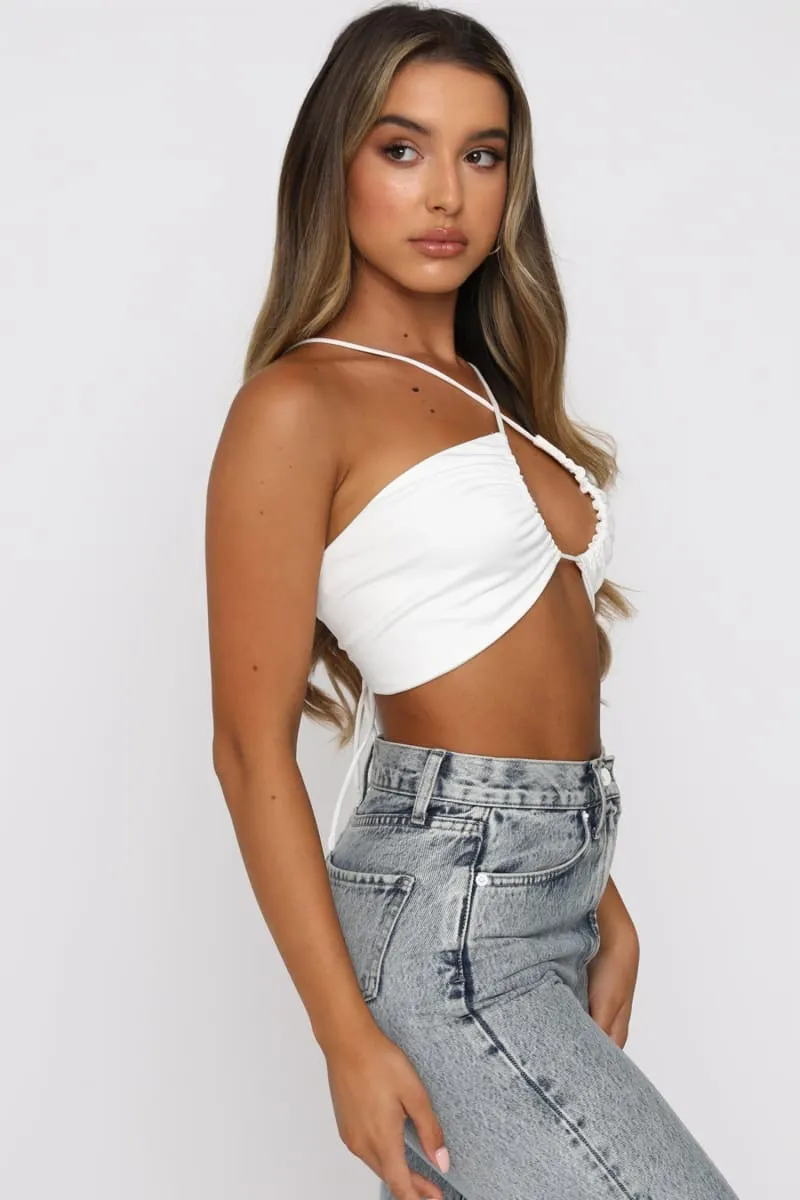 White Halter Cross Over Neck Cut Out Ruched Crop Top