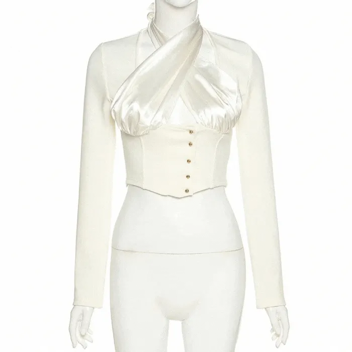 White Long Sleeve Halter Corset Top