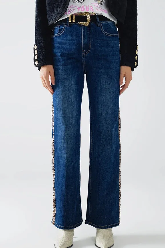 Wide Leg Jeans with Leopard Stripe On Side