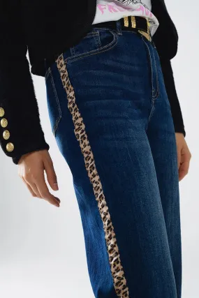 Wide Leg Jeans with Leopard Stripe On Side