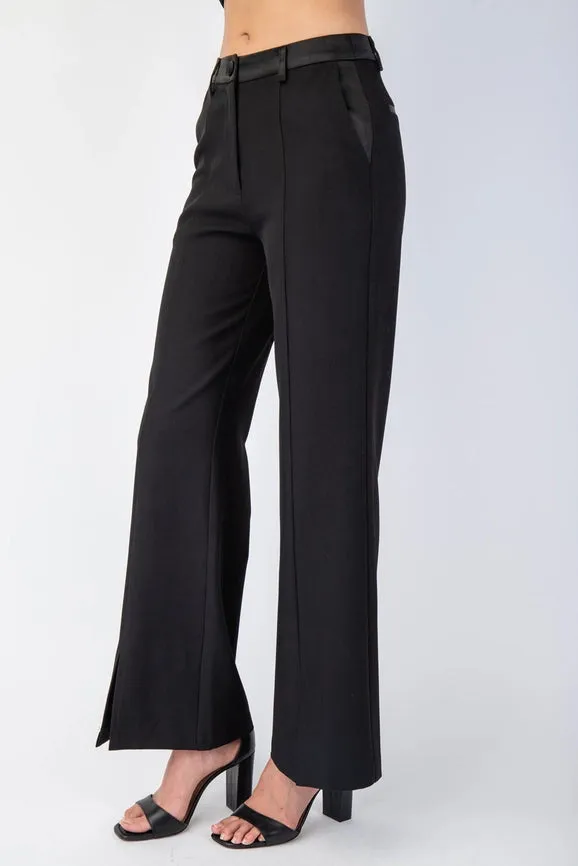 Woven Tailored Pants with Satin Contrast Insert BLK